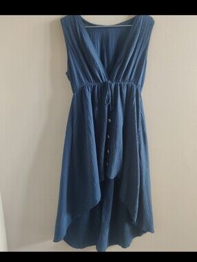 Navy Blue Linen Deep V Midi Dress